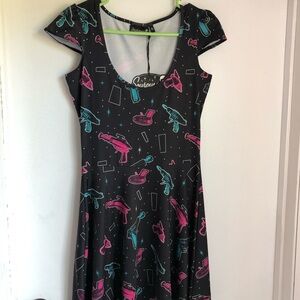 Sourpuss Black Dress with Pink and Blue Retro Print